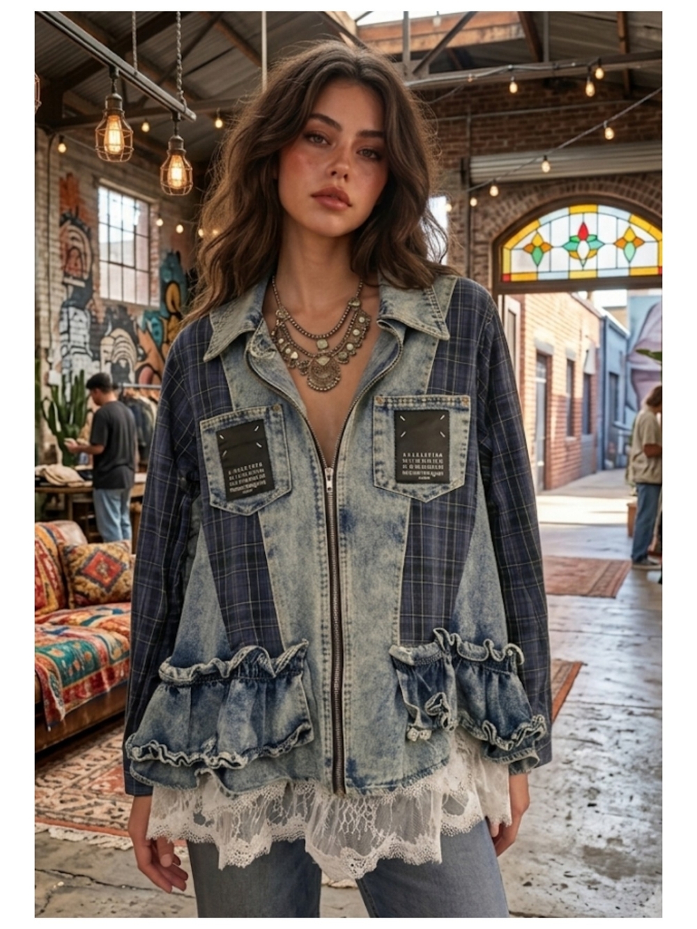 Women's Patchwork Denim & Plaid Ruffle Jacket - Blue Lace Lining